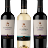 Three bottles of Pizzorno wine shown side by side on a white background: Don Prospero Cabernet Franc, Don Prospero Sauvignon Blanc, and Don Prospero Tannat Malbec.
