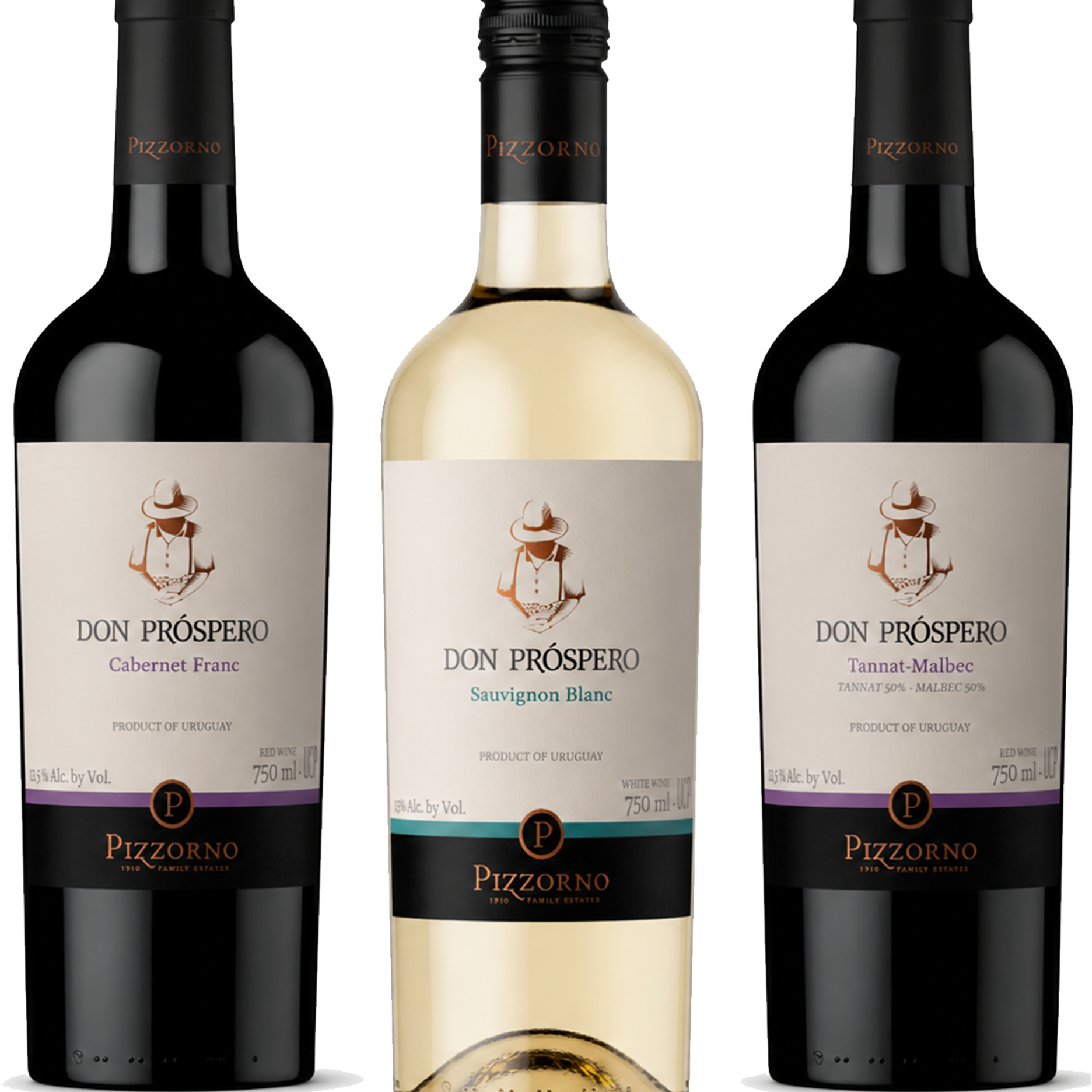 Three bottles of Pizzorno wine shown side by side on a white background: Don Prospero Cabernet Franc, Don Prospero Sauvignon Blanc, and Don Prospero Tannat Malbec.