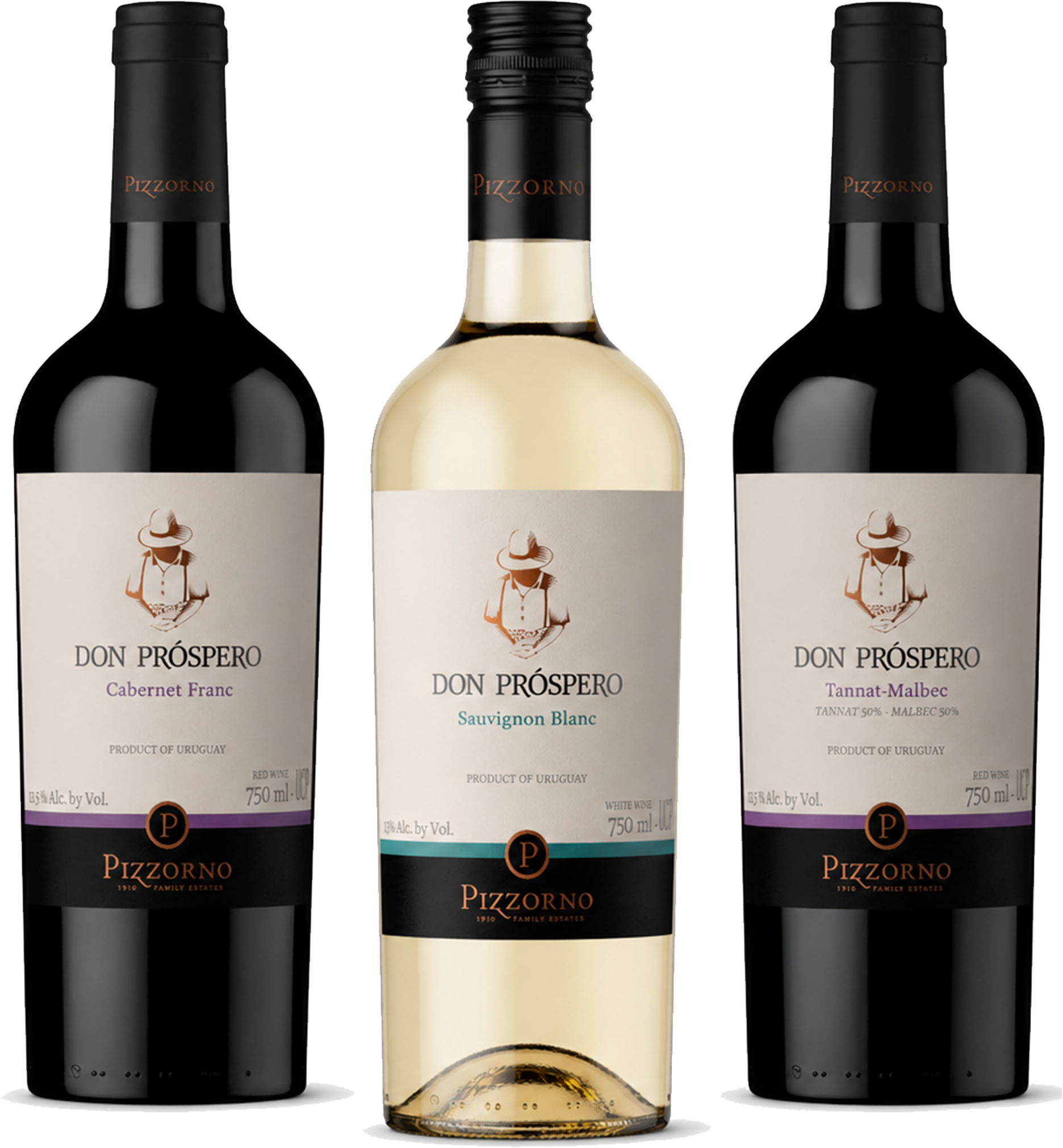 Three bottles of Pizzorno wine shown side by side on a white background: Don Prospero Cabernet Franc, Don Prospero Sauvignon Blanc, and Don Prospero Tannat Malbec.