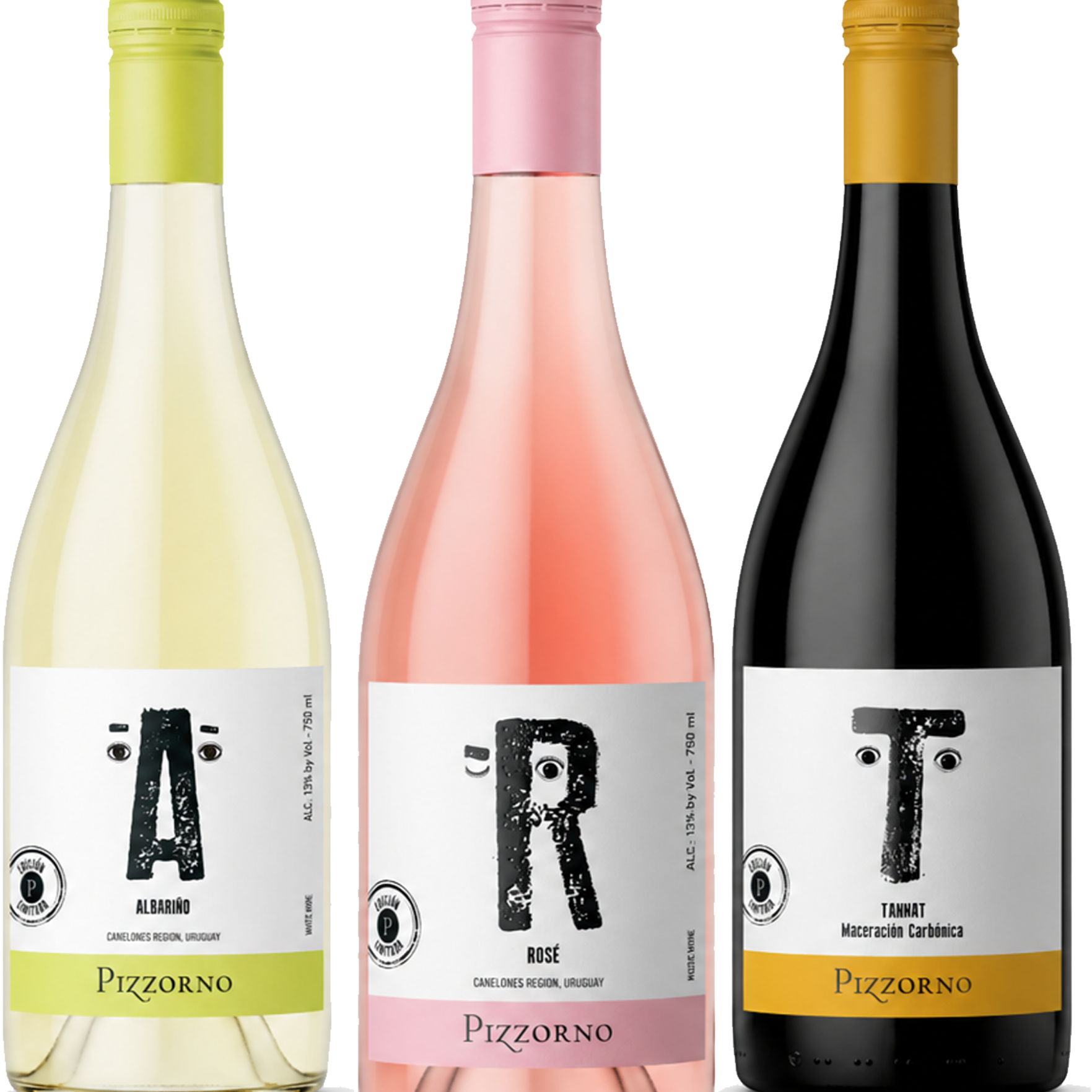 Three Pizzorno white wine bottles in a row, showing the white, pink, and black grape varieties. The bottles have white labels with black lettering and colored neck bands (yellow-green, pink, and gold).