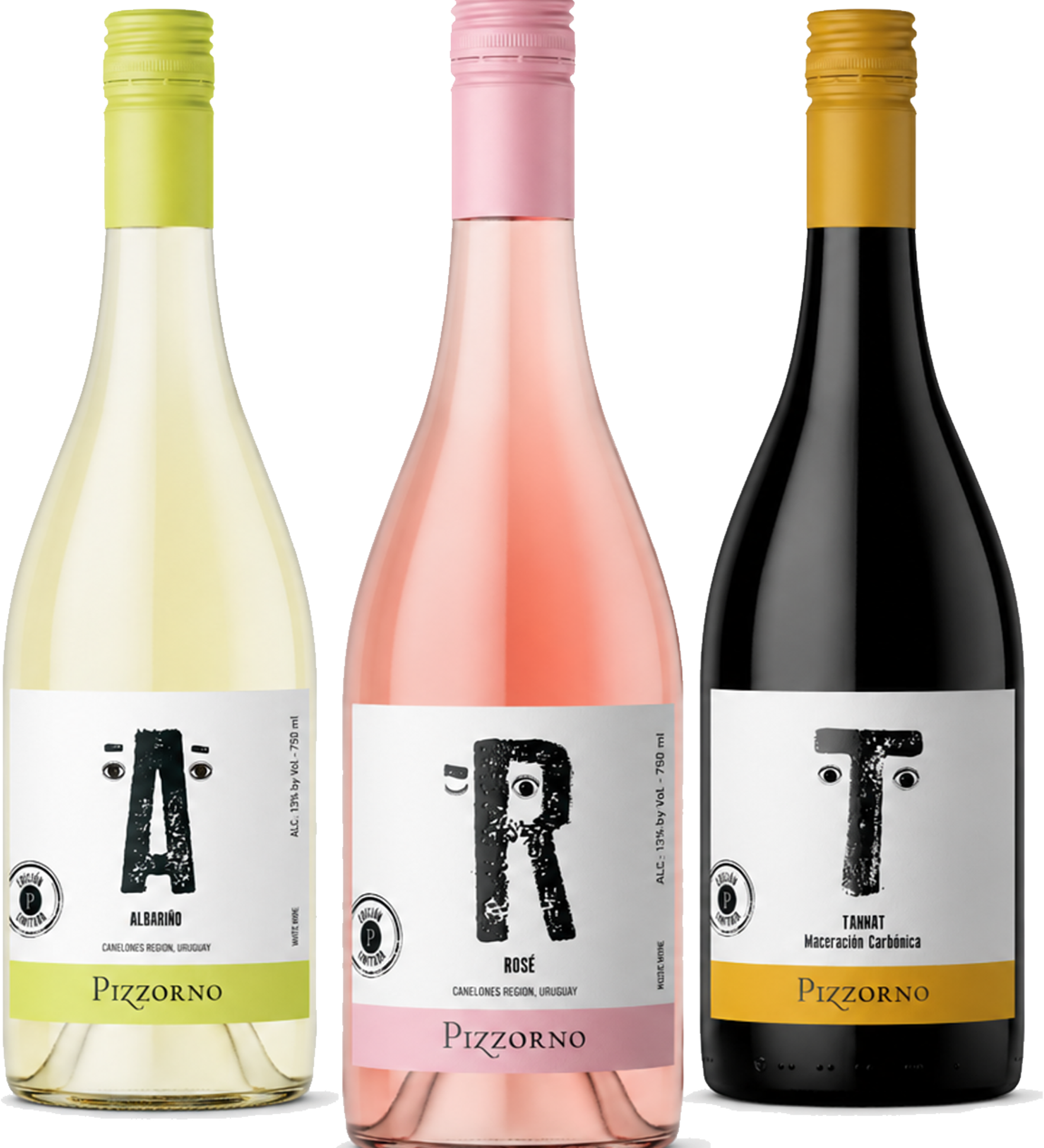 Three Pizzorno white wine bottles in a row, showing the white, pink, and black grape varieties. The bottles have white labels with black lettering and colored neck bands (yellow-green, pink, and gold).