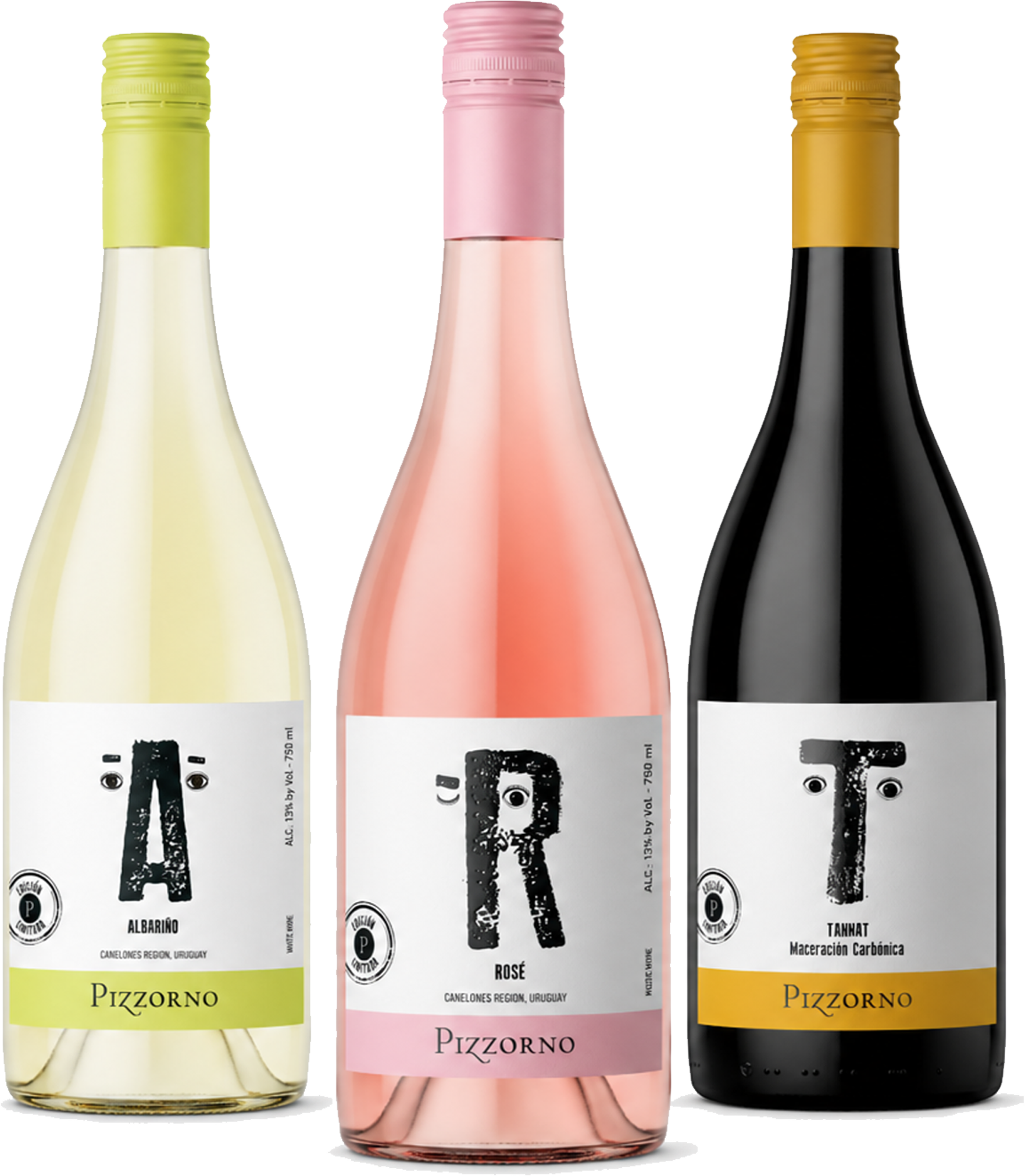 Three Pizzorno white wine bottles in a row, showing the white, pink, and black grape varieties. The bottles have white labels with black lettering and colored neck bands (yellow-green, pink, and gold).
