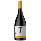 A bottle of Pizzorno Tintoretto Merlotto Cinque Terre red wine, featuring a dark glass bottle with a gold foil neck wrap and a white label with a black stylized letter 'T' and gold accents.