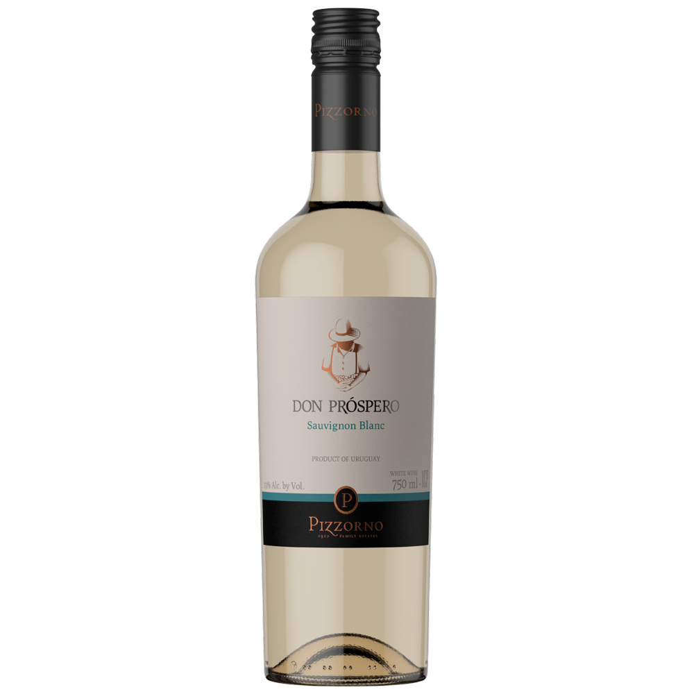 A bottle of Don Prospero Pizzorno Sauvignon Blanc white wine, featuring a light beige label with gold and navy accents, a black screw cap, and pale yellow liquid inside, set against a plain white background.