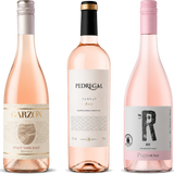 Three bottles of rosé wine displayed side by side on a plain white background: Garzon Pinot Noir Rosé on the left, Pedregal Tannat Rosé in the center, and Pizzorno Rose on the right.