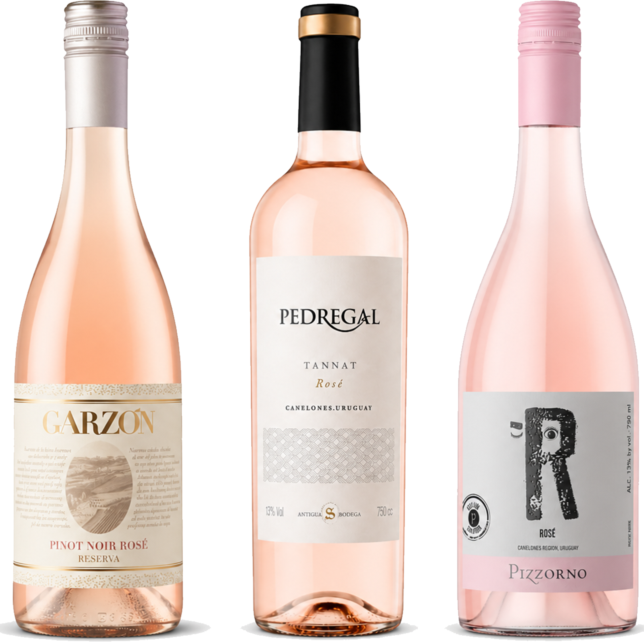 Three bottles of rosé wine displayed side by side on a plain white background: Garzon Pinot Noir Rosé on the left, Pedregal Tannat Rosé in the center, and Pizzorno Rose on the right.