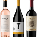 Three wine bottles arranged side by side on a white background: Pedregal Rosé on the left with a pale pink bottle and cream label, a dark bottle labeled Pizzorno in the center with a gold cap and white label, and Garzon on the right with a dark red bottle and beige label.
